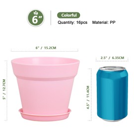 Meowell 6 inch Small Plastic Nursery Pots, Seedling Pots, 16 Pack Plant Pots for Indoor Outdoor Plants, Flower Pots with Drainage Holes and Saucers, Decorative Planters for House Plants, Colorful