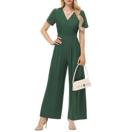 Tanmolo Women's Jumpsuit Elegant Summer Short Sleeve V-Neck Jumpsuit Wide Leg Romper with Pockets Dark Green, S