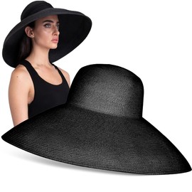 Audrey Hepburn-Inspired Wide Brim Straw Hat – Elegant Summer Sun Hat for Women, Luxury Beach Hat for Chic Vintage Style Black