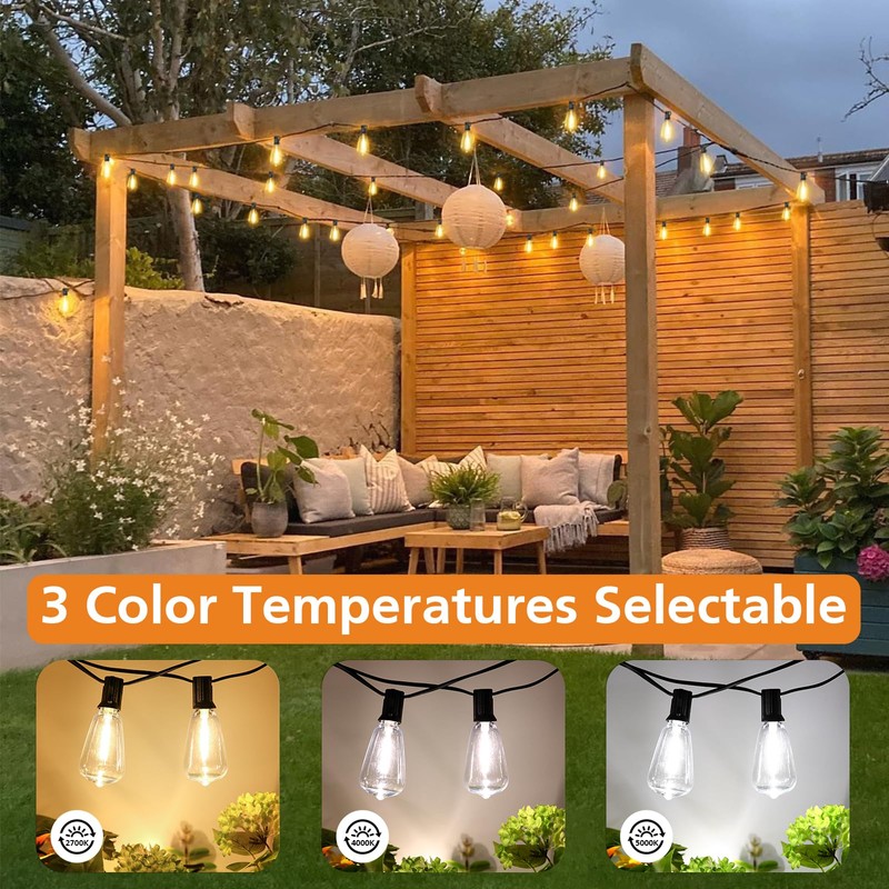 Brightever Dimmable Outdoor String Lights with Remote, 3 Colors in