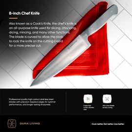 DURA LIVING Chef's Knife Set, 4 Piece Cutlery Knife Set, Superior Forged High Carbon Stainless Steel Ultra Sharp 8 Inch Chef, 7 Inch Santoku, 5 Inch Utility, 3.5 Inch Paring Knives, Grey