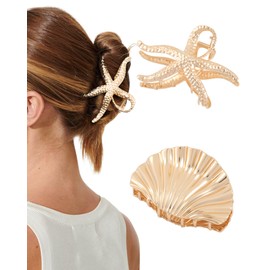 HAIMEIKANG 2 PCs Metal Gold Shell Hair Claw Clips for Women - Fashion Seashell Hair Clips for Most Hairstyles, Such as Thick and Long Hair, Straight and Curly Hair