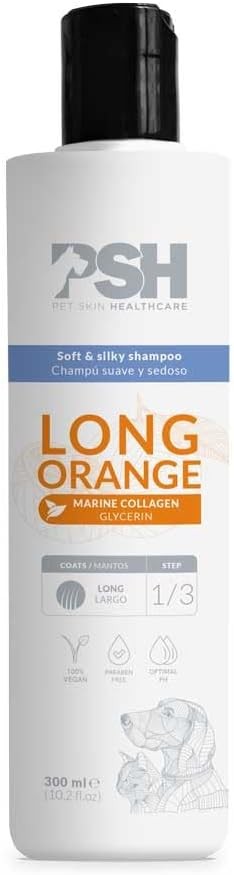 PSH Long Orange, Champú Suave con Colágeno Marino para Perros y Gatos, 300 ml, Hipoalergénico