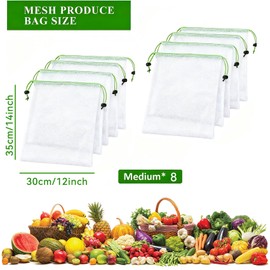 Rayakt 8-Pack Reusable Mesh Produce Bags - 30x35cm Eco-Friendly See-Through Vegetable Bags, Mesh Fruit Bags with Drawstring for Shopping, Storage & Organization