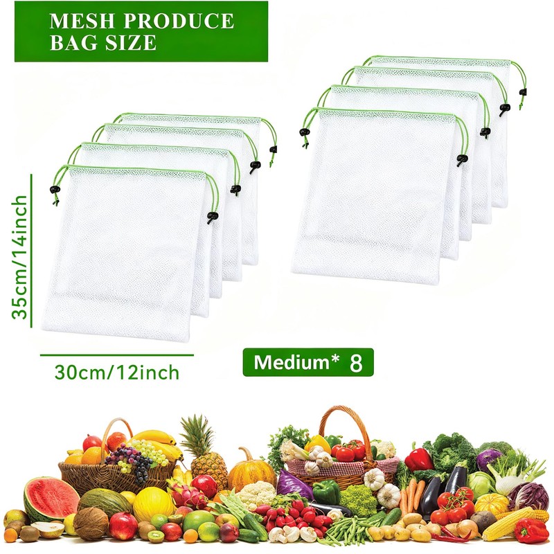 Rayakt 8-Pack Reusable Mesh Produce Bags - 30x35cm Eco-Friendly See-Through
