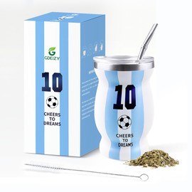 Argentina Captain No.10 Mate Cup Set, 2026 International Soccer Gifts, Double-Wall Stainless Steel Traditional Yerba Mate Cup Set, Spoon Straw & Cleaning Brush