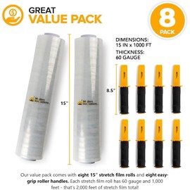 Modern Innovations 15 Inch Clear Stretch Wrap Roll with Handles (8 Rolls, 2000 Feet), Heavy Duty Shrink Wrap for Moving, Packing, Furniture Wrap, Industrial Pallet Cling