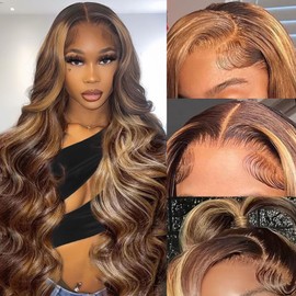 Ruaswey 30 Inch Ombre Lace Front Wig Human Hair 200 Density Body Wave HD Lace Front Wigs Human Hair Pre Plucked Honey Blonde Highlight Wig Human Hair Wig Colored 13x4 Lace Frontal Wigs Human Hair