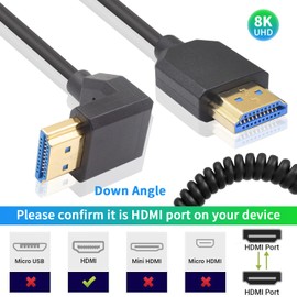 Duttek 8K HDMI Coiled Cable, Ultra HD HDMI to HDMI Cable, Extremely Thin HDMI 2.1 Cable Supports 48 Gbps Compatible with Camera Monitors, TV, Capture Cards (Down Angle HDMI Male to Male)