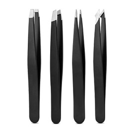 Derlaier Tweezers Set, High Precision Stainless Steel Eyebrow Tweezers for Facial Hair, Inward Growing Hair and Splinter Remover Kit, Suitable for Women and Men, 4-Piece Set. (Black)