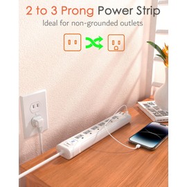 2 Prong Power Strip, WRXDMC 2 Prong to 3 Prong Outlet Adapter, 1680J Surge Protector,1625W, 10ft Extension Cord with Flat Plug Polarized Plug, 6 AC Outlets & 3 USB, Wall Mountable, Ideal for Old House