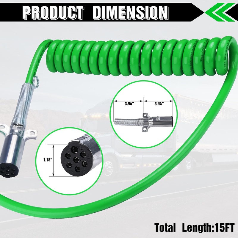 Ailbiuko 7 Way Coiled Cord 15 FT Green ABS Electrical
