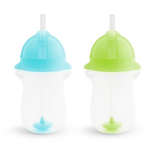 Munchkin Click Lock Tip & Sip Straw Cup Set, Baby Toddler Sippy Cups with Straw, BPA Free Non Spill Cup, Dishwasher Safe Baby Cup, Weighted Straw Childrens Bottles - 10oz/296ml, 2 Pack, Green/Blue