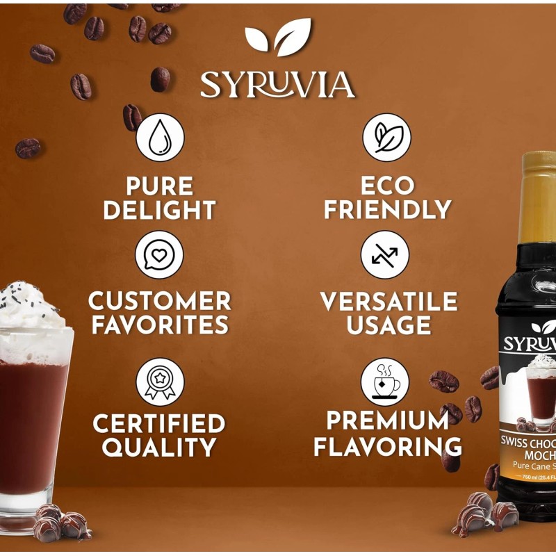 Syruvia Swiss Chocolate Mocha Syrup 25.4 fl oz, Perfect for