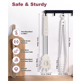 Zattic Silicone Spaghetti Spoon and Pasta Tong, Heat-Resistant Noodle Spoon Server, 13“ BPA-Free Spaghetti Strainer, Fork with Teeth and Stainless Steel Handle, Food-Grade Clip for Pasta, Beige