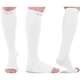 Doc Miller Open Toe Compression Socks 30-40 mmHg 1 Pair Medical Grade Stockings (White, X-Large Tall)