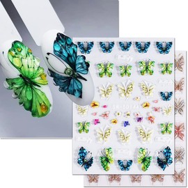 2Pcs Butterfly Nail Stickers 5D Engraved Acrylic Nail Decals Green Blue Butterfly Design Self-Adhesive Nail Transfer Sticker Sliders Wraps Manicure Foils Decoration for Nails Women Nail Art Supplies