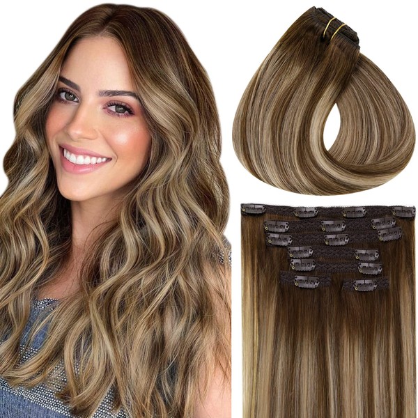 Vivien Real Hair Clip-In Balayage Extensions, 55 cm, 140 g, Dark Brown with Caramel Blonde, Remy Hair Extensions, Double Weft, Long Straight Extensions, Ombre, 22 Inches, 7 Pieces