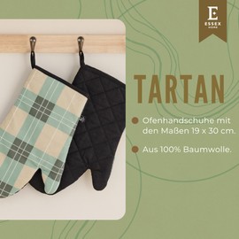 ESSEX - Tartan Oven Gloves, 19 x 30 cm, Baking Gloves, Heat Resistant, Set of 2 - Green