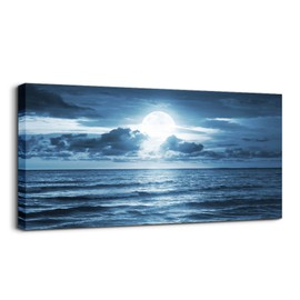 wall art for living room Decorations Photo Prints - blue sea view The moon Landscape - Modern Home Decor The room Stretched and Framed Ready to Hang artwork (Blue Ocean&Moon, 30x 60inch x 1pcs)
