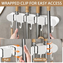 5PCS 4 Rack and 5 Hook Mop Holder with Hooks Wall Mounted Broom Storage Rack - Self-Adhesive Mop Broom Organizer for Bathroom, Office, Kitchen, Closet, Garage - White