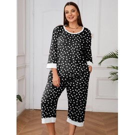 AusLook Women's Plus Size Pajama Set Polkadots Black 3/4 Sleeves Shirt and Capri Pants Sleepwear Loungewear 2 Pcs Pj Sets with Pockets Christmas Pjs 2X