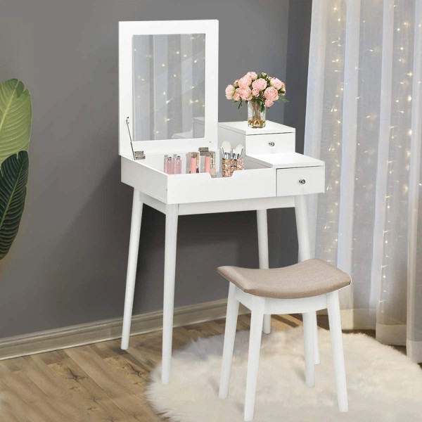 Costway Vanity Dressing Table Set Flip Mirror Desk Cushioned Stool