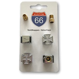 Set of 4 Valve Caps + 2 Bicycle Adapters – Iron Cross Silver – Suitable for Any Car, Motorcycle and Bicycle