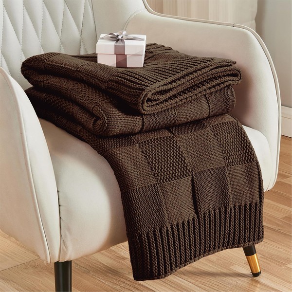 CozeCube Knit Throw Blanket, Brown Checkered Throw Blanket for Couch,