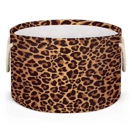 Animal Leopard Skin Large Round Storage Basket Collapsible Circle Storage Bin Laundry Hamper With Handle for Kids Toy Blanket Dirty Clothes Towel Living Room Nursery Storage Organizer