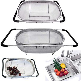 D L D Premium Quality Over The Sink Stainless Steel Oval Colander with Fine Mesh 6 Quart Strainer Basket & Expandable Rubber Grip Handles - Strain, Drain, Rinse Fruits, Vegetables (Upgrade)