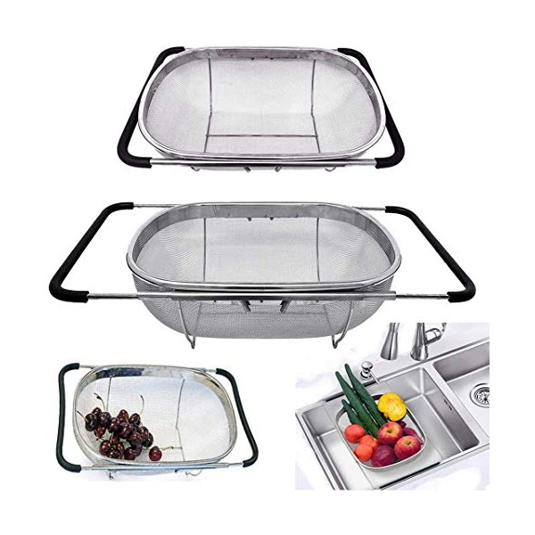 D L D Premium Quality Over The Sink Stainless Steel Oval Colander with Fine Mesh 6 Quart Strainer Basket & Expandable Rubber Grip Handles - Strain, Drain, Rinse Fruits, Vegetables (Upgrade)
