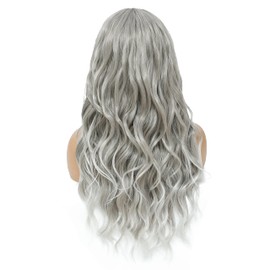 SWACC Long Curly Wavy Wig with Bangs Synthetic Hair Wig for Women with Wig Cap (Grey Silver Ombre)