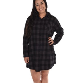 Lazy One Button-Up Sleep Shirt, Flannel Nightshirts for Women, Warm Plaid Designs (Grey Plaid, S/M)