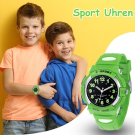 Children's watch for boys and girls, analogue quartz watch with wristwatch rubber strap, waterproof, outdoor sports watches, Green