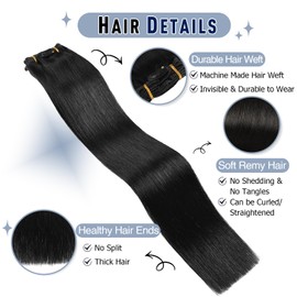 Sunya Clip-In Real Hair Extensions, Jet Black, Real Hair Extensions, Clip-In Real Hair Extensions, Invisble Clip Extensions, Straight Hair Skin Weft, 70 g, 16 Inches, 7 Pieces with 16 Clips