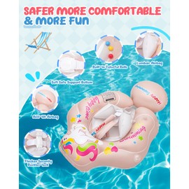 Baby Swimming Float with Shade, UPF50+ Sun Canopy, Detachable Anti Rollover Airbag, Adjustable Safety Seat, Anti-Flip Design, Baby Pool Float Ring for Newborns, Infants, Pink, L