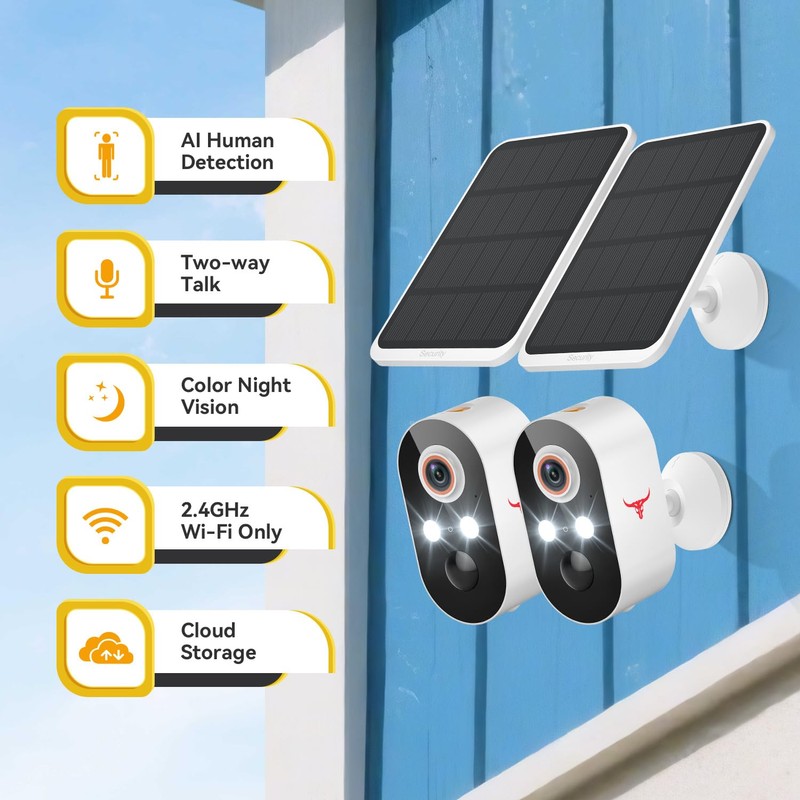 1080p Wireless Security Camera with Solar Panel, 2.4GHz Wi-Fi, Color