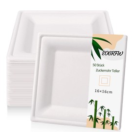 EOGRFW Sugar Cane Plates, Pack of 50 Environmentally Friendly Bagasse Tableware, Disposable, 16 x 16 cm Paper Plates, Square, White Bagasse Disposable Plates for Parties, Camping, Picnics, Barbecues,