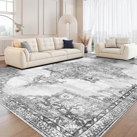 6x9 Area Rugs Living Room: Washable Boho Vintage Medallion Rug Indoor Soft Non Slip Ultra Thin Non-Shedding Large Carpet for Bedroom Dining Room Dorm Nursery Home Office (Grey, 6' x 9')