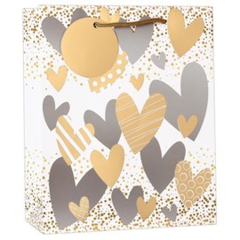 Large Gift Bag - White with Silver Gold Hearts Gold Foil Tag 13x10.25"