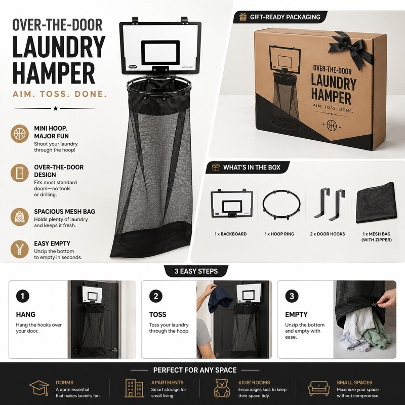 Door Hanging Basketball Laundry Hamper for Small Spaces – Mesh