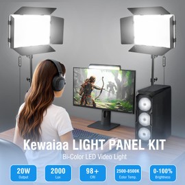 Kewaiaa 2 Pack LED Video Light with Barndoor, 20W Bi-Color LED Studio Lights Panel CRI 98+, 2500K-8500K Dimmable Photography Lighting Kit for Video Recording Shooting Live Streaming Podcast