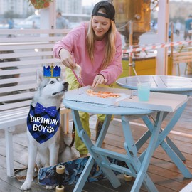 STMK Dog Birthday Party Supplies, Multi Size Dog Birthday Hat with Numbers Dog Birthday Boy Bandana Bow Tie for Large Extra Large Dogs Pets (Blue, X-Large)