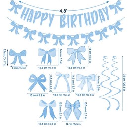 WADY 30Pcs blue Bow Happy Birthday Banner Set with Glitter Garland & 7 Hanging Swirls, Girly Birthday Party Decorations for Girls, Bow Themed Backdrop Wall Hanging (Blue)