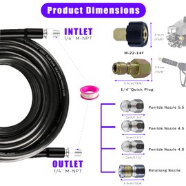 LycorTrade Sewer Jetter Kit for Pressure Washer 50FT, 5800PSI Water Jet Drain Cleaner Hose with 4 Sewer Jetting Nozzles, 1/4 Inch NPT Corner, Waterproof Tape and Handle Strap