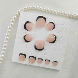 Press on Toenails Short Square Fake Toenails with Black French Tip Designs Glossy Toe Nails Press ons Nude Acrylic Toenails Cute False Toenails Daily Wear Simple Stick on Toenails for Women 24Pcs