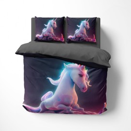 FEBE 3D Unicorn Duvet Cover Set 135 x 200 cm + Pillowcase 80 x 80 cm Reversible Bed Linen 2-Piece with Zip Closure