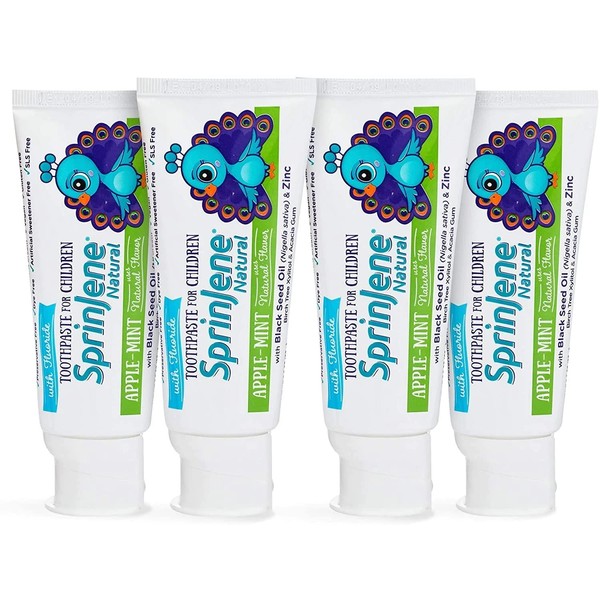 SprinJene Natural SLS Free Kids Toothpaste with Fluoride for Cavity Protection & Fresh Breath, Vegan for Childrens 2 Years & Up Apple Mint (4 Pack)