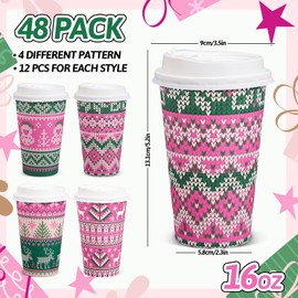 Whaline Christmas Disposable Coffee Cups Xmas Pink Green Ugly Sweater Paper Cups with Lids 16 Oz To Go Coffee Cup for Winter Holiday Party Cafe Hot Cold Drinks, 48 Pcs